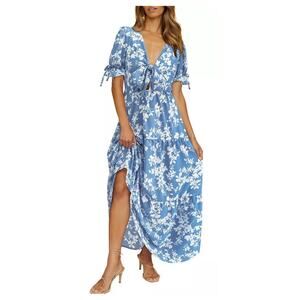 Blue Floral Ruffle Maxi Spring Knot Front Casual Lightweight Elastic Dress Large